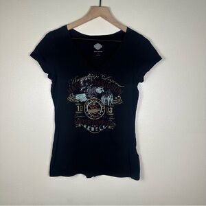 HARLEY-DAVIDSON Women's Bikercore‎ Motorcycle Black Graphic V-neck Tee Shirt
